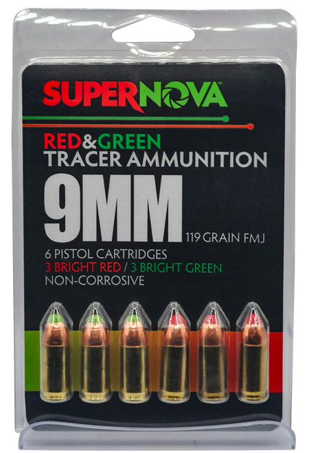 Supernova PMSN9MMMP Green/Red Tracer 9mm Luger Ammo 119 Grain Full Metal Jacket (FMJ) - 6 Round Box