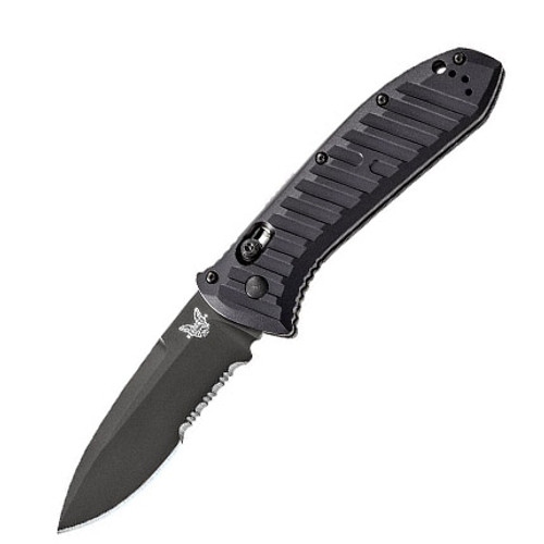 Benchmade 5700SBK Presidio AUTO Folding Knife - 3.72" Black CPMS30V Drop Point Combo Blade, Milled Black Aluminum Handles