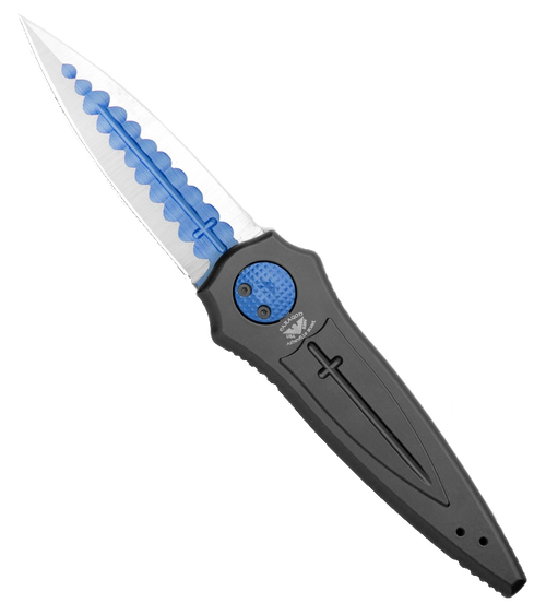 Paragon (Ashville Steel)  Warlock Gravity Knife - Cross/Shield/Sword, Blue Inserts,  4" CPM-S30V Two-Tone Dagger Blade