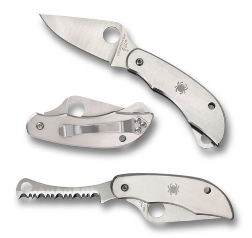 Spyderco ClipiTool Folding Knife with Plain and Serrated Blades - Stainless Steel Handles - C176P&S