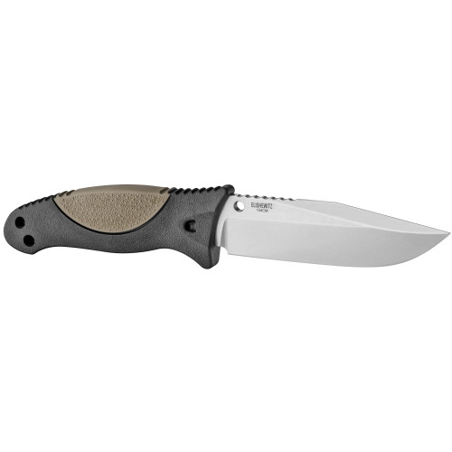 Hogue EX-F02 Fixed Blade Knife - 4.5" 154CM Clip Point Blade, Stone Tumbled Finish, Black Polymer Frame with FDE OverMolded Rubber Insert Hogue EX-F02 Fixed Blade Knife - 4.5" 154CM Clip Point Blade, Stone Tumbled Finish, Black Polymer Frame with FDE OverMolded Rubber Insert