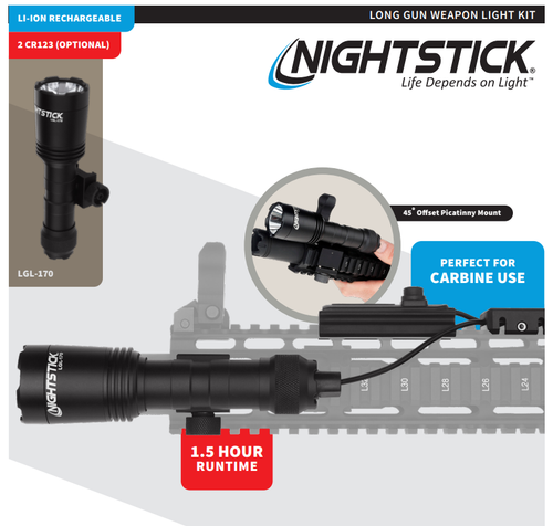 Nightstick LGL-170 Rechargeable Full Size Long Gun Light Kit - 1,500 Lumens, 23,148 Candela, Black, 1.5 Hours of Runtime, IPX7 Waterproof Nightstick LGL-170 Rechargeable Full Size Long Gun Light Kit - 1,500 Lumens, 23,148 Candela, Black, 1.5 Hours of Runtime, IPX7 Waterproof