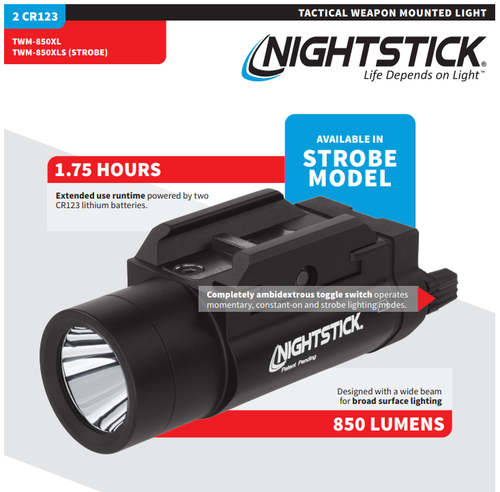 Nightstick TWM-850XLS Tactical Weapon-Mounted Light w/Strobe - 850 Lumens, 15,000 Candela, Black, IPX7 Waterproof Nightstick TWM-850XLS Tactical Weapon-Mounted Light w/Strobe - 850 Lumens, 15,000 Candela, Black, IPX7 Waterproof