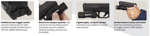 Nightstick TWM-850XLS Tactical Weapon-Mounted Light w/Strobe - 850 Lumens, 15,000 Candela, Black, IPX7 Waterproof Nightstick TWM-850XLS Tactical Weapon-Mounted Light w/Strobe - 850 Lumens, 15,000 Candela, Black, IPX7 Waterproof
