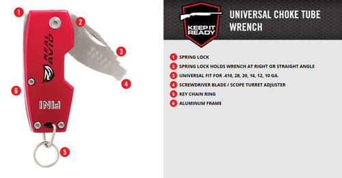 Real Avid FINI Universal Choke Wrench - Fits .410,28,20,16,12,10 Ga, Red Finish with Stainless Steel Blade