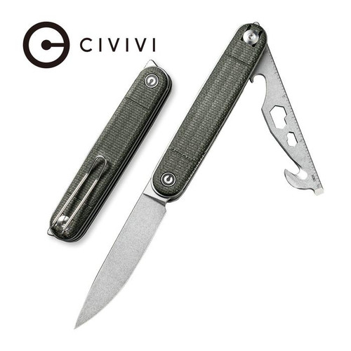 CIVIVI Crit Front Flipper Knife With Multi-Tool - Green Micarta Handle, 3.18" Stonewashed Nitro-V Steel