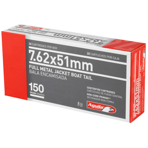 Aguila Ammunition 7.62X51 150 Grain Full Metal Jacket Boat Tail - 20 Round Box. Aguila Ammunition 7.62X51 150 Grain Full Metal Jacket Boat Tail - 20 Round Box.