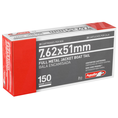 Aguila Ammunition 7.62X51 150 Grain Full Metal Jacket Boat Tail - 20 Round Box. Aguila Ammunition 7.62X51 150 Grain Full Metal Jacket Boat Tail - 20 Round Box.