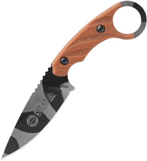 TOPS Knives C.U.T. 4.0 Fixed Blade Knife - 4.25" Black/Gray Camo  Carbon Steel Blade, Tan Canvas Micarta Handles, Kydex Sheath