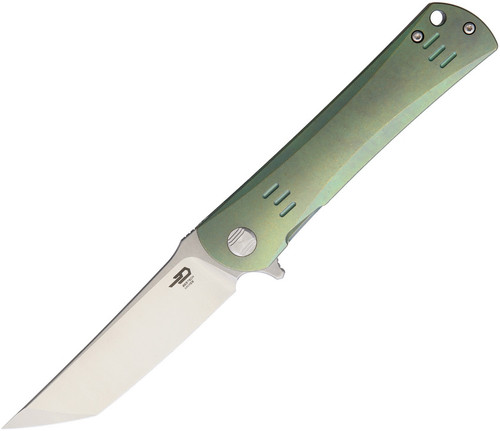 Bestech Knives Kendo Flipper Knife - 3.7" S35VN Satin Tanto Blade, Green Anodized Titanium Handles