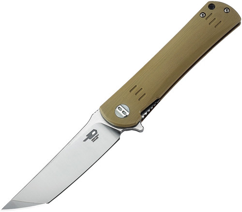 Bestech Knives Kendo Flipper Knife - 3.75" D2 Satin/Stonewashed Tanto Blade, Beige G10 Handles
