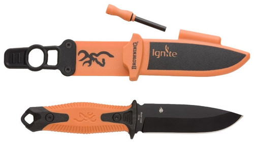 Browning Ignite Orange Fixed Blade w/ Fire Starter - 4" Black Drop Point Blade, Black/Orange Rubberized Polymer Handles, Injection Molded Sheath