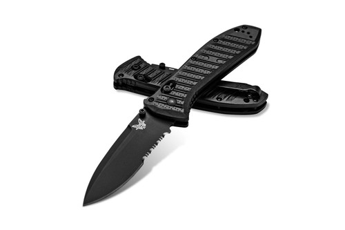Benchmade Presidio II Folding Knife - 3.72" S30V Black Cerakote Combo Blade, Milled Black CF-Elite Handles