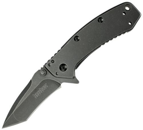 Kershaw 1555TBW Cryo Assisted Flipper Knife - 2.75" Blackwash Tanto Blade, Stainless Steel Handles