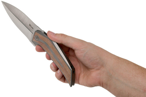 Reate Knives T4000 Flipper Knife - 4" M390 Satin Blade, Titanium Handles with Brown Canvas Micarta Inlay