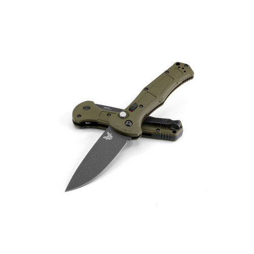 Benchmade 9070BK-1 Claymore AUTO Folding Knife 3.6" CPM-D2 Cobalt Black Plain Blade, Ranger Green Grivory Handles