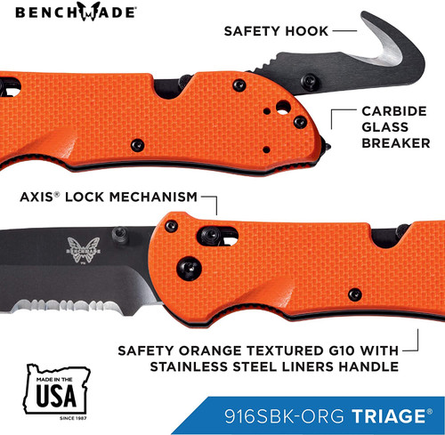 Benchmade Triage Rescue Folding Knife - 3.5" Black Combo Blunt Tip Blade, Orange G10 Handles, Safety Cutter, Glass Breaker Benchmade Triage Rescue Folding Knife - 3.5" Black Combo Blunt Tip Blade, Orange G10 Handles, Safety Cutter, Glass Breaker