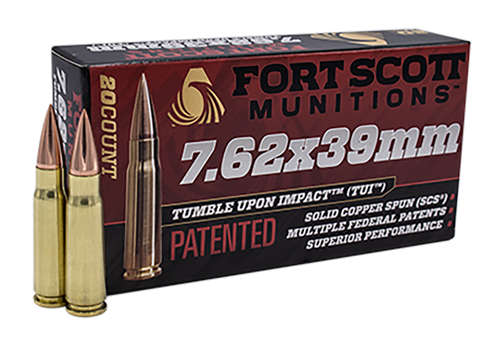 Fort Scott Munitions  7.62x39mm Tumble Upon Impact (TUI) - 117gr Solid Copper Spun, 20 Rounds per Box