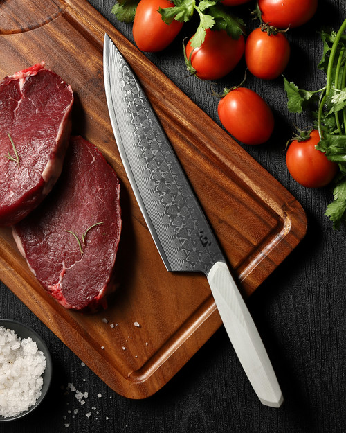 Xin Cutlery XinCore 8.5" Damascus Chef Knife - Sculpted White G10 Handle Xin Cutlery XinCore 8.5" Damascus Chef Knife - Sculpted White G10 Handle