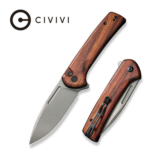 CIVIVI Conspirator Button Lock Flipper Knife - 3.48" Nitro-V Stonewashed Drop Point Blade, Cuibourtia Wood Handles