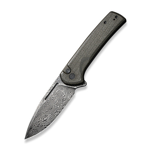 CIVIVI Conspirator Button Lock Flipper Knife - 3.48" Damascus Drop Point Blade, Dark Green Micarta Handles CIVIVI Conspirator Button Lock Flipper Knife - 3.48" Damascus Drop Point Blade, Dark Green Micarta Handles