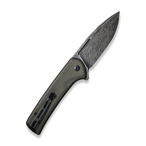 CIVIVI Conspirator Button Lock Flipper Knife - 3.48" Damascus Drop Point Blade, Dark Green Micarta Handles CIVIVI Conspirator Button Lock Flipper Knife - 3.48" Damascus Drop Point Blade, Dark Green Micarta Handles