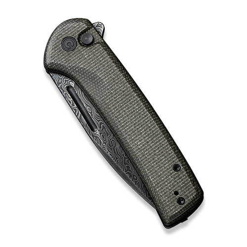 CIVIVI Conspirator Button Lock Flipper Knife - 3.48" Damascus Drop Point Blade, Dark Green Micarta Handles CIVIVI Conspirator Button Lock Flipper Knife - 3.48" Damascus Drop Point Blade, Dark Green Micarta Handles