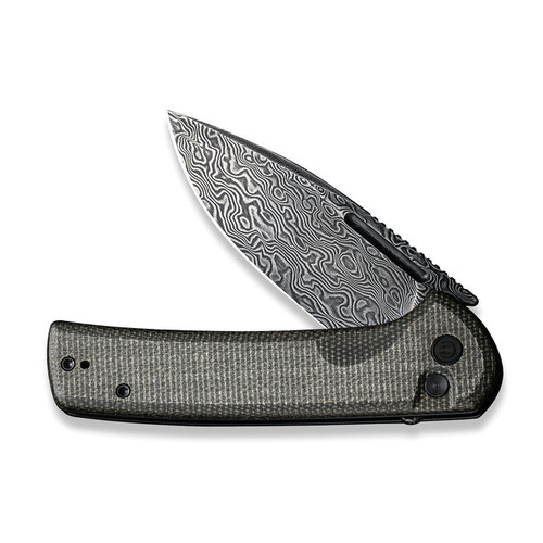 CIVIVI Conspirator Button Lock Flipper Knife - 3.48" Damascus Drop Point Blade, Dark Green Micarta Handles CIVIVI Conspirator Button Lock Flipper Knife - 3.48" Damascus Drop Point Blade, Dark Green Micarta Handles