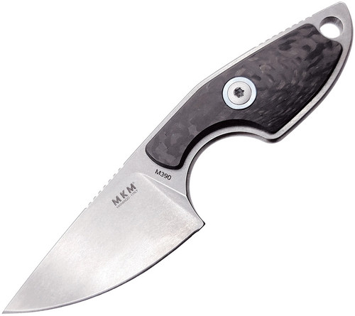 MKM Knives Mikro 1 Fixed Blade Neck Knife - 1.97" M390 Stonewashed Drop Point Blade, Carbon Fiber Handles, Leather Sheath