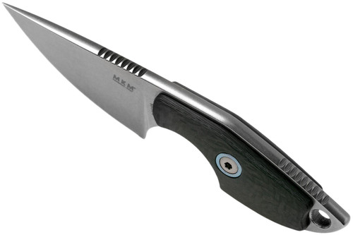 MKM Knives Mikro 1 Fixed Blade Neck Knife - 1.97" M390 Stonewashed Drop Point Blade, Carbon Fiber Handles, Leather Sheath