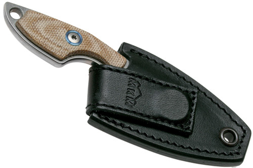 MKM Knives Mikro 1 Fixed Blade Neck Knife - 1.97" M390 Stonewashed Drop Point Blade, Natural Canvas Micarta Handles, Leather Sheath