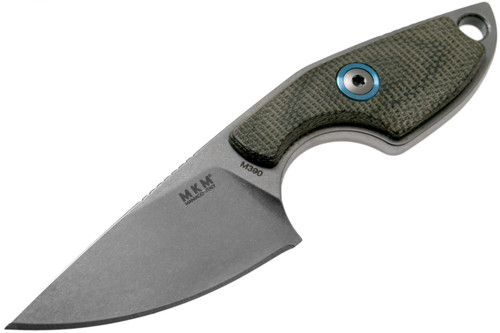 MKM Knives Mikro 1 Fixed Blade Neck Knife - 1.97" M390 Stonewashed Drop Point Blade, Green Canvas Micarta Handles, Leather Sheath MKM Knives Mikro 1 Fixed Blade Neck Knife - 1.97" M390 Stonewashed Drop Point Blade, Green Canvas Micarta Handles, Leather Sheath