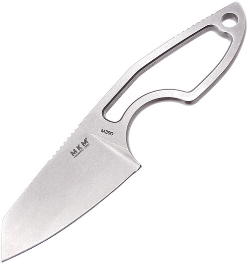 MKM Knives Mikro 2 Fixed Blade Neck Knife - 1.97" M390 Stonewashed Sheepsfoot Blade, Skeletonized Handle, Leather Sheath