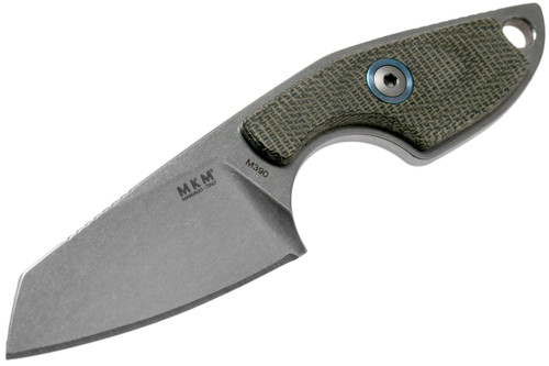 MKM Knives Mikro 2 Fixed Blade Neck Knife - 1.97" M390 Stonewashed Sheepsfoot Blade, Green Natural Micarta Handles, Leather Sheath MKM Knives Mikro 2 Fixed Blade Neck Knife - 1.97" M390 Stonewashed Sheepsfoot Blade, Green Natural Micarta Handles, Leather Sheath