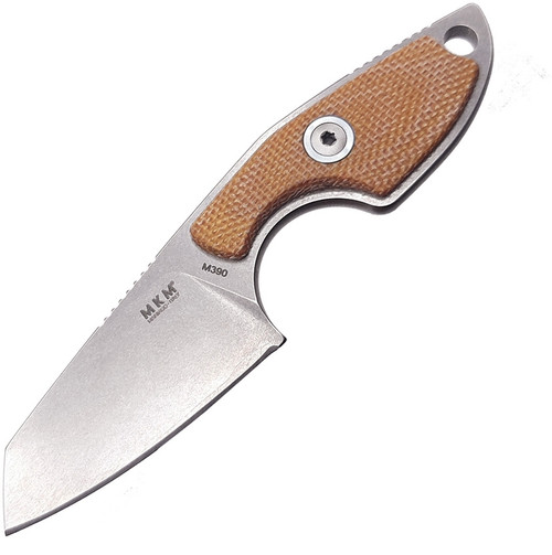 MKM Knives Mikro 2 Fixed Blade Neck Knife - 1.97" M390 Stonewashed Sheepsfoot Blade, Natural Micarta Handles, Leather Sheath