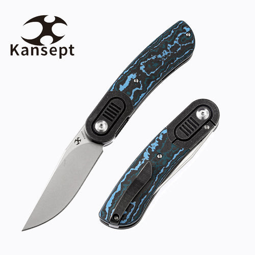 Kansept Knives Reverie Front Flipper - 2.92" CPM-S35VN Satin Stonewashed Clip Point Blade, Blue Carbon Fiber Handles and Black Titanium Bolsters