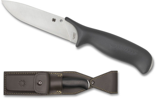 Spyderco Zoomer Fixed Blade - 5.2" CPM-20CV Satin Plain Blade, Black G10 Handles, Leather Sheath Spyderco Zoomer Fixed Blade - 5.2" CPM-20CV Satin Plain Blade, Black G10 Handles, Leather Sheath