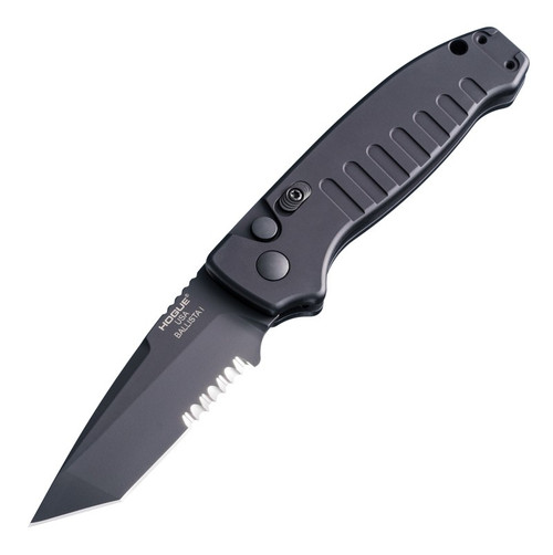 Hogue Ballista I AUTO Folding Knife - 3.5" 154CM Black Tanto Partially Serrated Blade, Matte Black Aluminum Handles