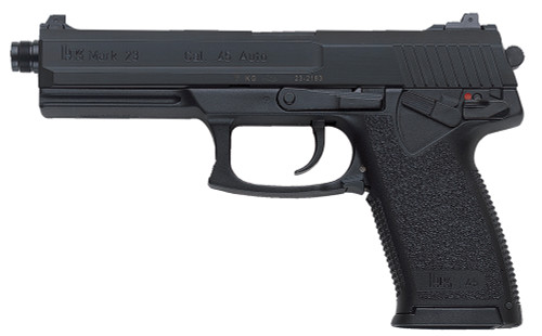 HK 81000080 Mark 23 45 ACP Caliber with 5.87" Threaded Barrel, 10+1 Capacity, Overall Black Finish, Serrated Trigger Guard Frame, Serrated Steel Slide & Polymer Grip Includes 2 Mags