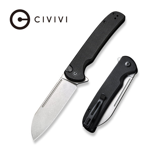 Civivi Chevalier Button Lock Folding Knife - 3.46" 14C28N Stonewashed Sheepsfoot Blade, Black G10 Handles