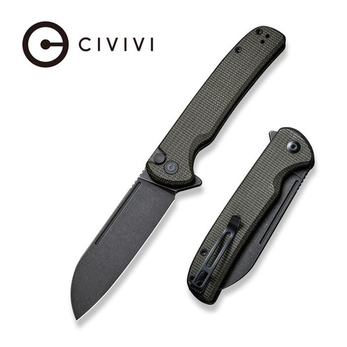 Civivi Chevalier Button Lock Folding Knife - 3.46" 14C28N Blackwash Sheepsfoot Blade, Dark Green G10 Handles