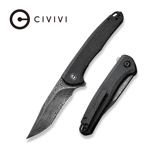 CIVIVI Knives Mini Sandbar Flipper Knife - 2.95" Damascus Recurve Blade, Black Micarta Handles