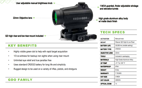 Viridian GDO 22 Green Dot Electro Optic - 3 MOA Green Dot, 22mm Objective, Black, Quick Detach Mount