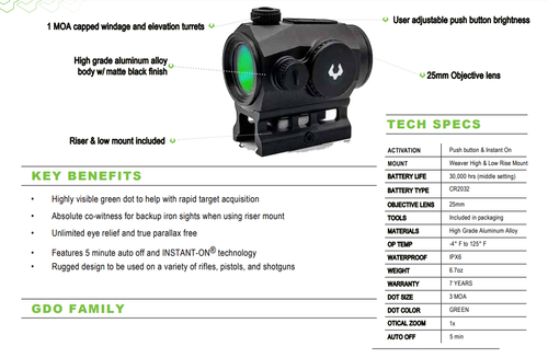 Viridian GDO 25 Green Dot Electro Optic - 2 MOA Green Dot, 25mm Objective, Black, Quick Detach Mount Viridian GDO 25 Green Dot Electro Optic - 2 MOA Green Dot, 25mm Objective, Black, Quick Detach Mount