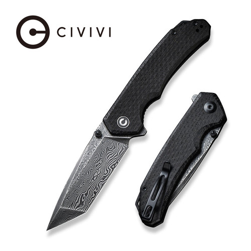 CIVIVI Knives Brazen Flipper Knife - 3.46" Damascus Tanto Blade, Coarse Black Micarta Handles