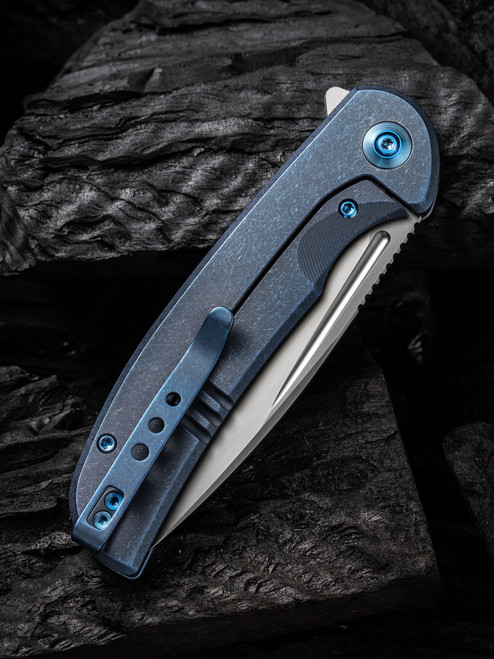 We Knife Beacon Flipper Knife - 3.48" CPM-20CV Bead Blasted Drop Point Blade, Blue Titanium Handles We Knife Beacon Flipper Knife - 3.48" CPM-20CV Bead Blasted Drop Point Blade, Blue Titanium Handles