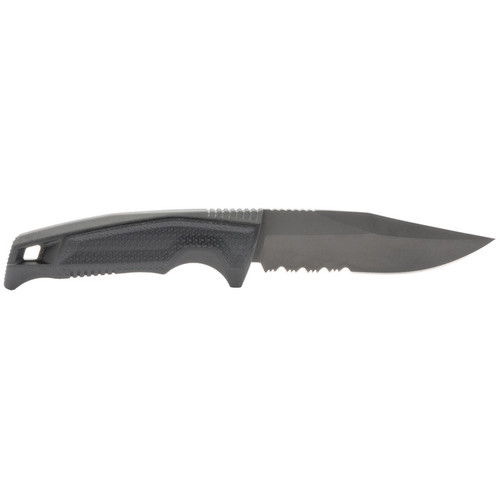 SOG Recondo FX Serrated Fixed Blade Knife - 4.61" CRYO 440C Black TiNi Clip Point Partilly Serrated Blade, Black GRN Handles, Universal Mounting System GRN Sheath SOG Recondo FX Serrated Fixed Blade Knife - 4.61" CRYO 440C Black TiNi Clip Point Partilly Serrated Blade, Black GRN Handles, Universal Mounting System GRN Sheath