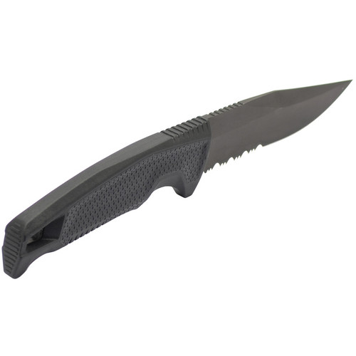 SOG Recondo FX Serrated Fixed Blade Knife - 4.61" CRYO 440C Black TiNi Clip Point Partilly Serrated Blade, Black GRN Handles, Universal Mounting System GRN Sheath SOG Recondo FX Serrated Fixed Blade Knife - 4.61" CRYO 440C Black TiNi Clip Point Partilly Serrated Blade, Black GRN Handles, Universal Mounting System GRN Sheath