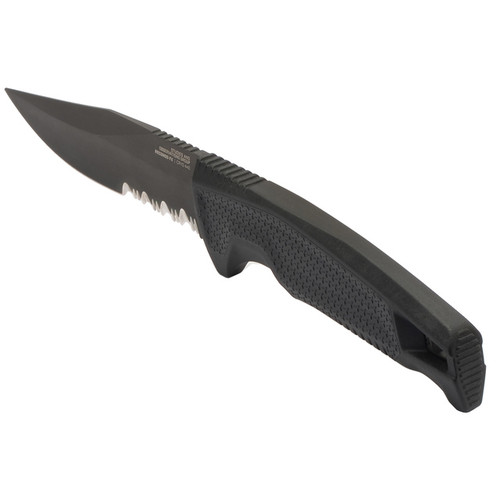 SOG Recondo FX Serrated Fixed Blade Knife - 4.61" CRYO 440C Black TiNi Clip Point Partilly Serrated Blade, Black GRN Handles, Universal Mounting System GRN Sheath SOG Recondo FX Serrated Fixed Blade Knife - 4.61" CRYO 440C Black TiNi Clip Point Partilly Serrated Blade, Black GRN Handles, Universal Mounting System GRN Sheath