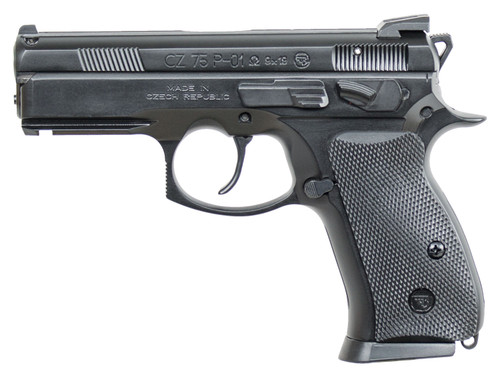 CZ-USA 91229 CZ 75 P-01 Omega Convertible 9mm Luger Caliber with 3.75" Non-Tilted Barrel, 15+1 Capacity, Black Polycoat Finish Picatinny Rail & Serrated Trigger Guard Frame, Inside Railed Black Steel Slide, Rubber Grip & Decocker Safety
